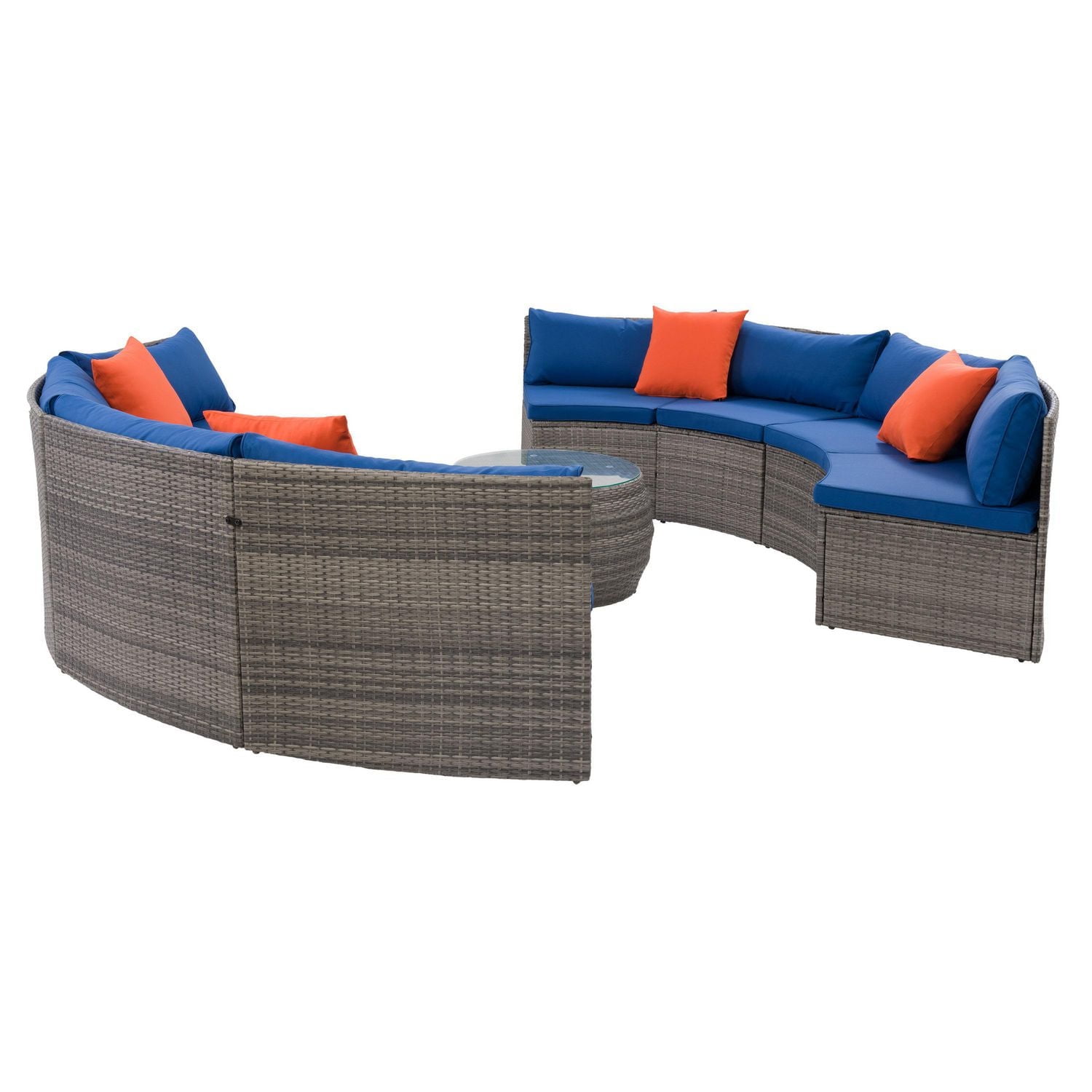 CorLiving Parksville 5-Pc Resin Wicker Patio Sectional Set- Blended Grey Finish/Oxford Blue Cushions