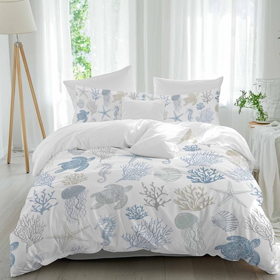 3 Piece Blue Coastal Duvet Cover Set Twin Size, Microfiber Comforter/Quilt Cover with Corner Ties and 2 Pillowcases, Nautical Summer Beach Coral Sea Turtle All Season Soft Bedding with Zipper Closure