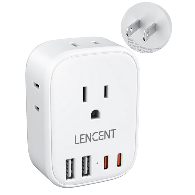 Adaptador de Enchufe Americano LENCENT Blanco con Cargador de 4 Salidas CA y 4 USB (2 USB C)