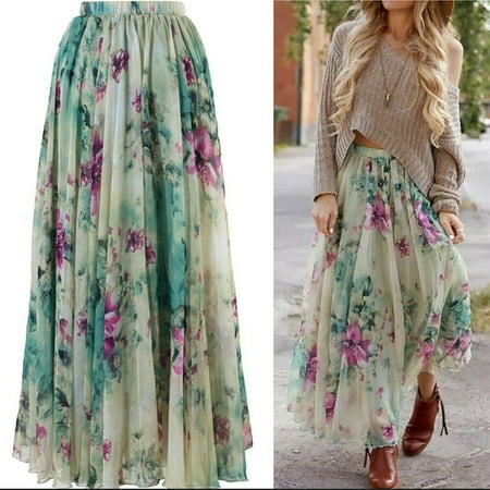 Gypsy 05 Clothes Fashion Women Boho Chiffon Ladies Floral Gypsy Long Maxi Full Skirt Sundress Green Size S ()