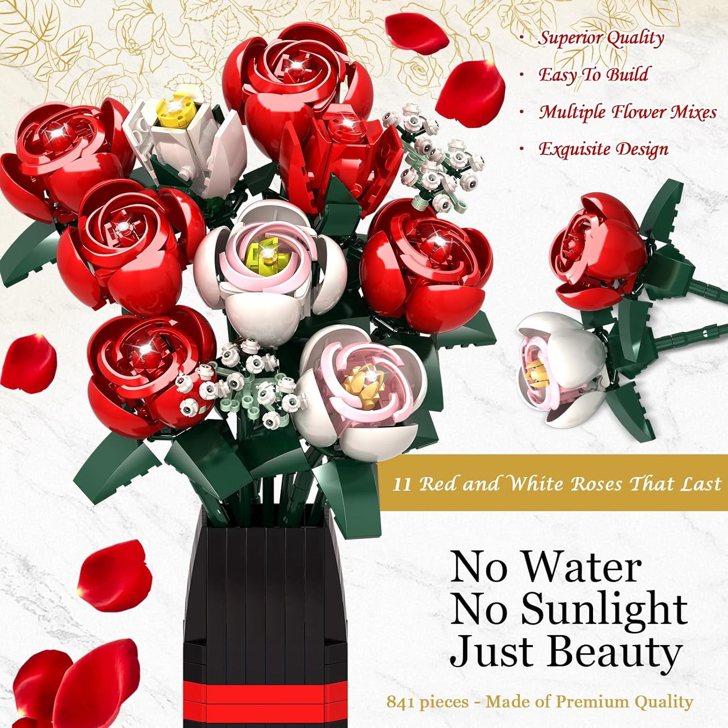 OKKIDY Rose Bouquet Building Kit, 841PCS Faux Rose Plants with Vase, Compatible with Lego, Valentine's Day for Adults and Kids Ages 6+
