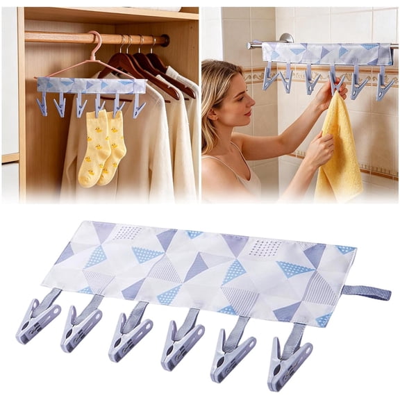 Travel Hangers Foldable, Clothes Drying Rack with 6 Clips, Space Saving Fabric Laundry Clothesline Organizer for Hotel Camping Swimsuit