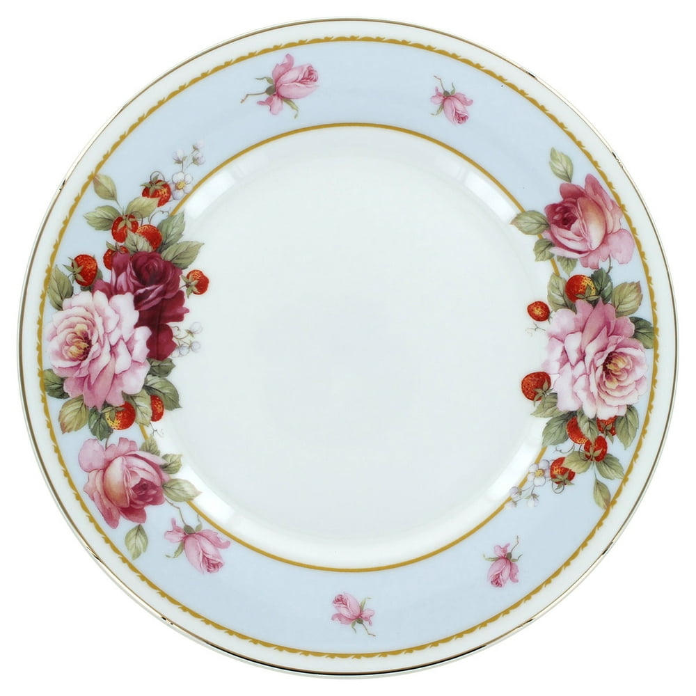 Peony and Strawberry Blue Bone China Dessert Plates Set of 4