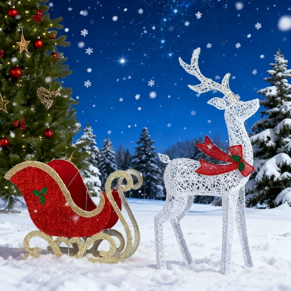 iCapeson 5ft Lighted Christmas Reindeer and Sleigh Outdoor Decor with 448 LED Lights, Holiday Yard Decoration for Front Porch, Includes Ground Stakes & Zip Ties, Red & White