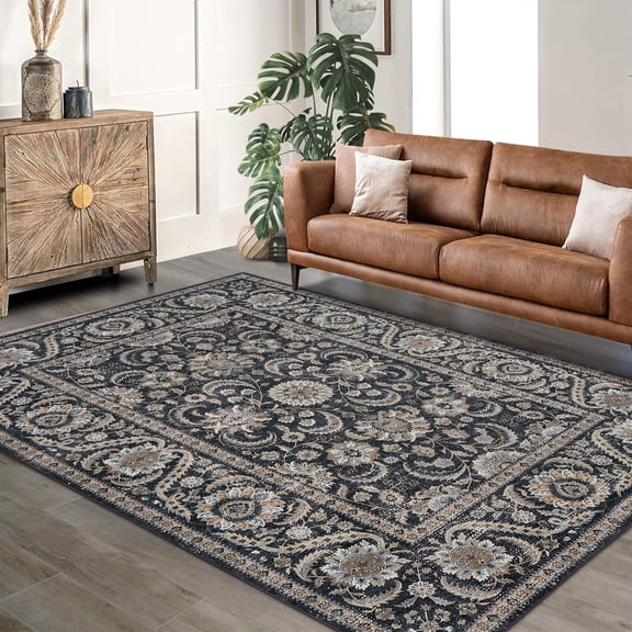 Washable Area Rug Vintage Traditional Floor Cover Foldable Thin Accent Indoor Distressed Non Slip Carpet Floral Print Mat Bedroom Living Room Bathroom (Black 9'x12')
