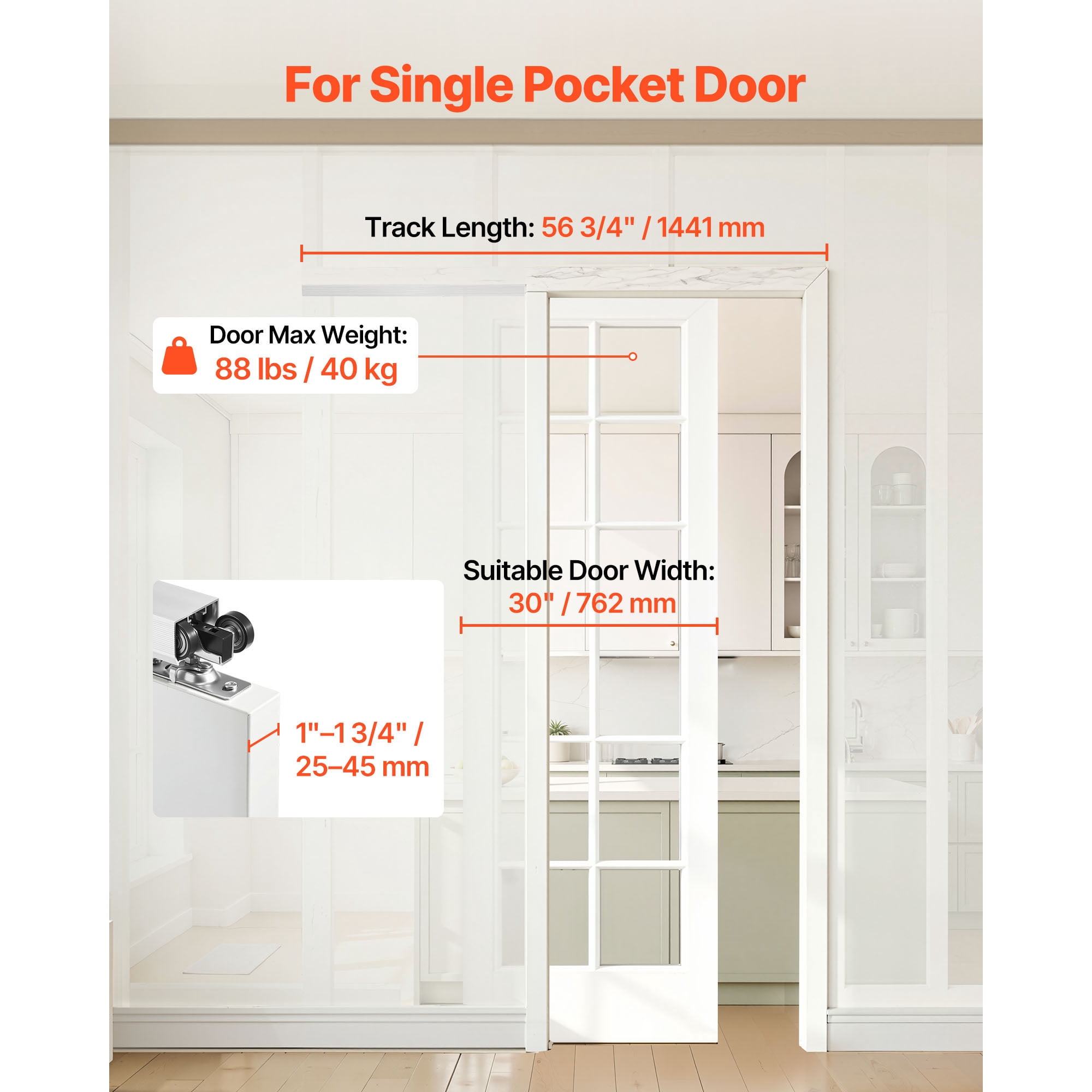 KFFKFF Sliding Pocket Door Hardware Track Kit, 56.73" Track with Soft Close Mechanism for Quiet and Smooth Operation, Simple Installation, Compatible with 1" to 1 3/4" Thick and 30" Wide Single Doors