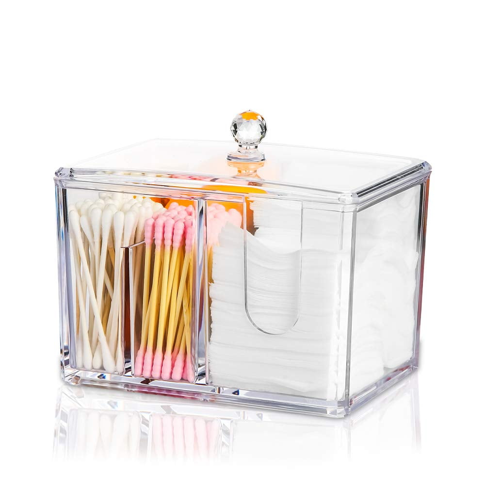 Vive Comb Qtip Cotton Pad Holder Dispenser Cotton Ball and Swab Storage with Lid Clear Acrylic Cotton Round Organizer, 4 Sections Slot NEW