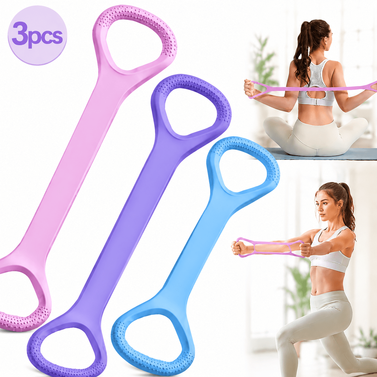Genreen Figure 8 Fitness Resistance Band（3 Pack）, Elastic Bands for Working Out,Arm,Back Training Elastic Ropes, Exercise Equipment for Yoga, Pilates,Physical Therapy,Stretching