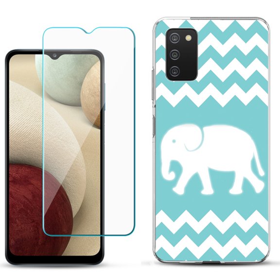 Slim-Fit TPU Phone Case Compatible with Samsung Galaxy A02s, with Tempered Glass Screen Protector, by OneToughShield ® - Chevron/Teal/Elephant