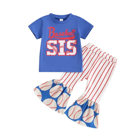 Baby Girl Summer Outfits Baseball Letter Print Short Sleeve T-Shirt and Elastic Striped Flare Pants Cute 2 Piece Clothes