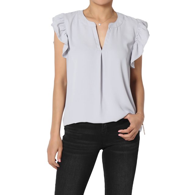 TheMogan Women's S~3X Ruffle Flutter Sleeve Split Neck Hi Low Hem Relaxed Blouse Top