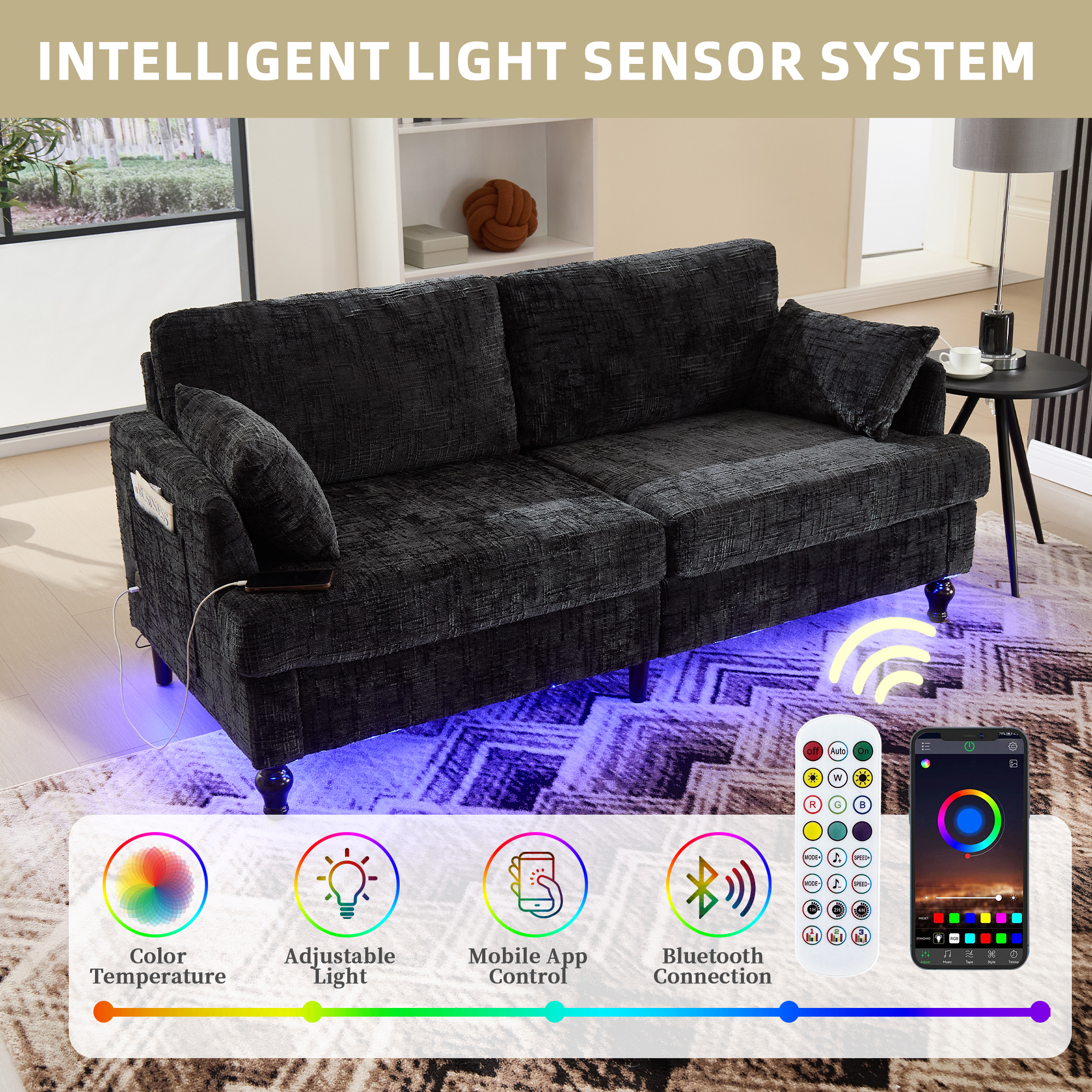 MOONMISS Chenille Upholstered Mid Century Modern Wood Frame Loveseats Sofa with LED light,USB and Side Pocket-Black