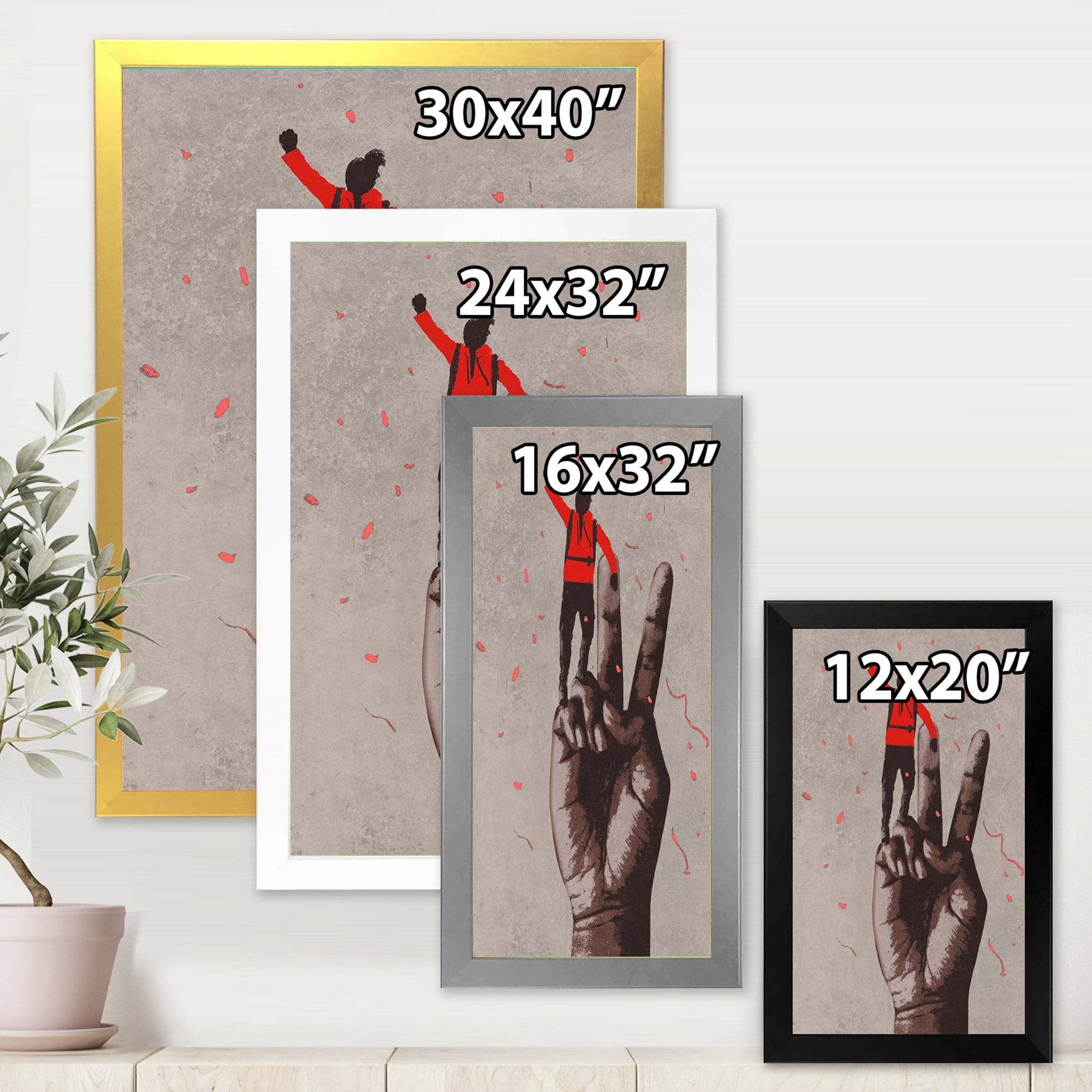 Designart 'Man With Arm Raised On Victory Sign' Modern Framed Art Print