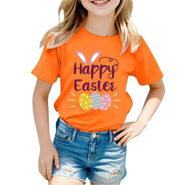 MIASHUI T-Shirt Graphique de Pâques à Manches Courtes pour Garçons, Confortable et Décontracté, Imprimé pour Filles, Orange, 10-11 Ans