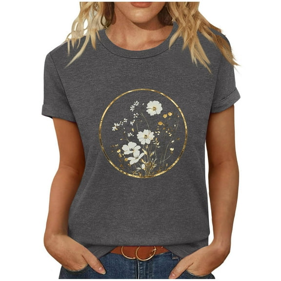 Sokhug T Shirts for Women Crewneck Flowers Graphic Tees Summer Cute Shirts Short Sleeve Tops
