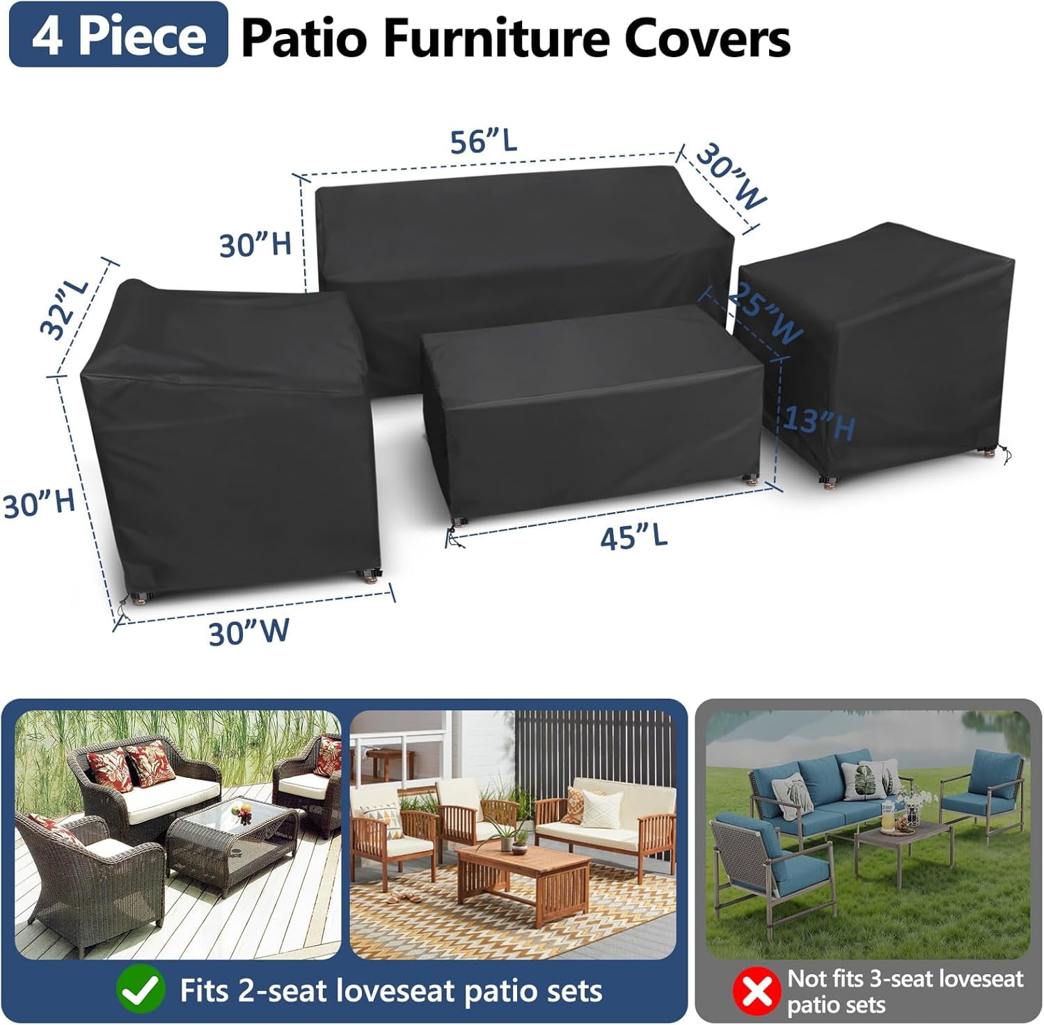 Paddsun Outdoor Furniture Cover, Waterproof 4 Piece Patio Furniture Set Cover Windproof for Outside Couch Lawn Chairs Coffee Table