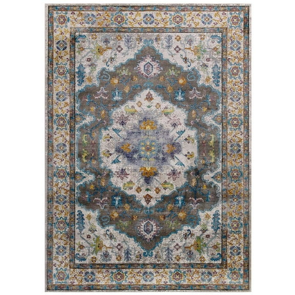 Modway Success Anisah Distressed Floral Vintage Medallion 8x10 Area Rug in Gray, Ivory, Yellow, Orange