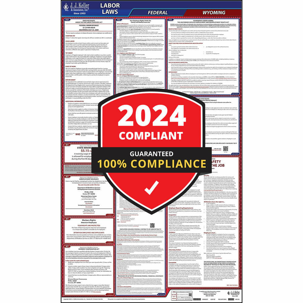 2024 Wyoming Labor Law Poster, All-in-One Compliant WY State & Federal Laminated Poster (24" x 40" English)