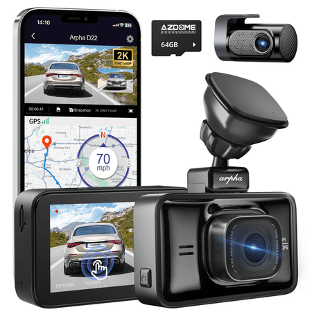 ARPHA Dash Cam Front and Rear, 3'' Touch Screen Driving Recorder, Free 64GB Card, Built-in WiFi GPS, Voice Control, WDR Night Vision, G-Sensor Parking Mode, Loop Recording