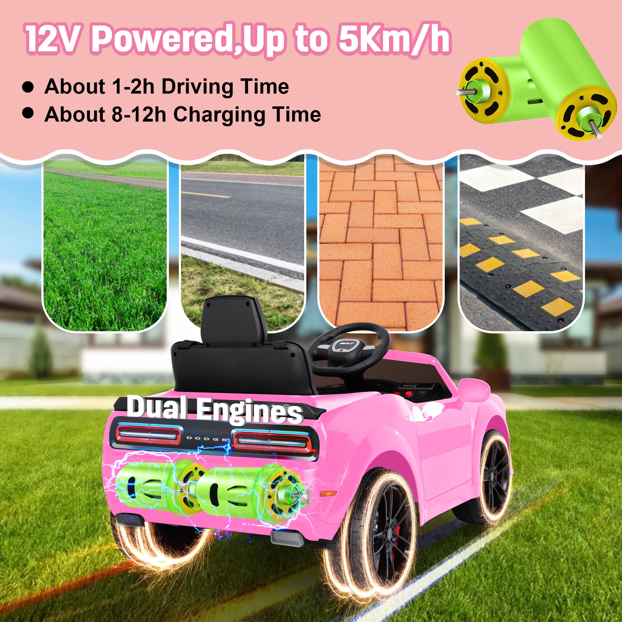 Dodge Challenger SRT Kids Ride on Car,Wisairt 12 V Battery Powered Electric Vehicle w/ Remote Control,Bluetooth,LED Lights(Pink)
