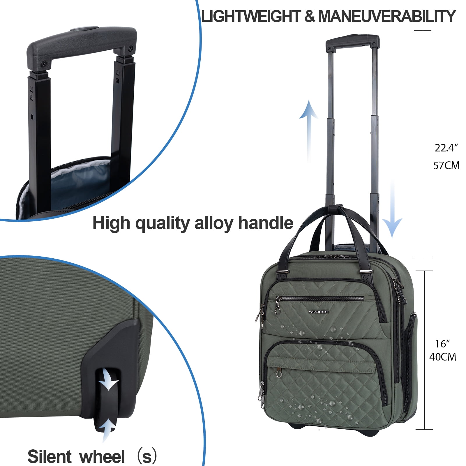 KROSER Carry On Underseat Luggage, 16-inch Lightweight Overnight Suitcase, Army Green