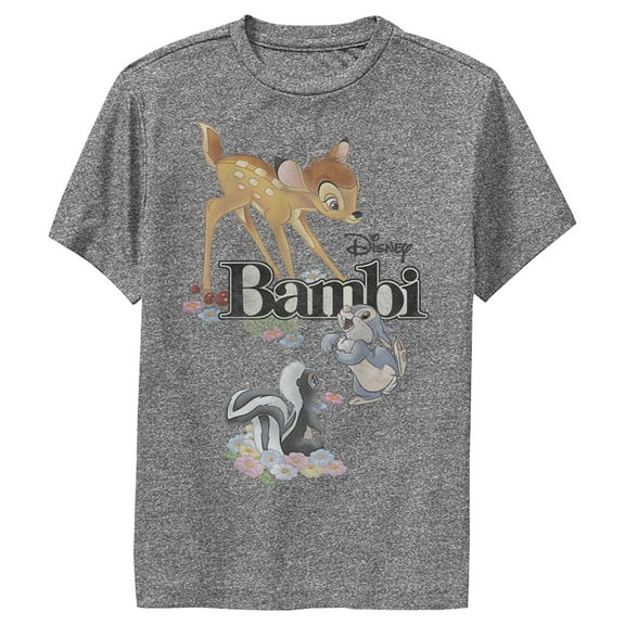 Boy's Bambi Movie Logo With Flower and Thumper  Performance Graphic Tee Charcoal Heather Medium