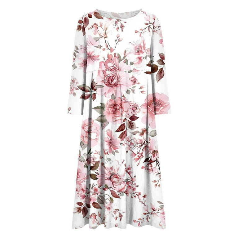 Aobny Tea Party Dresses for Women Casual Blue Plus Size Shift Floral Long Sleeve Tea-Length High Neck Work Dresses