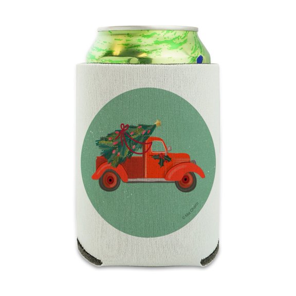 Old Timey Christmas Red Truck and Tree Can Cooler - Drink Sleeve Hugger Collapsible Insulator - Beverage Insulated Holder