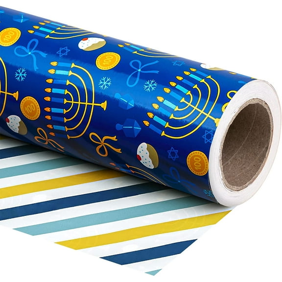 Reversible Hanukkah Wrapping Paper - Mini Roll - 17 Inch x 33 Feet - Blue Gold White Menorahs and Stripe Chanukah Wrapping Paper Perfect for Hanukkah, Chanukah, Holiday
