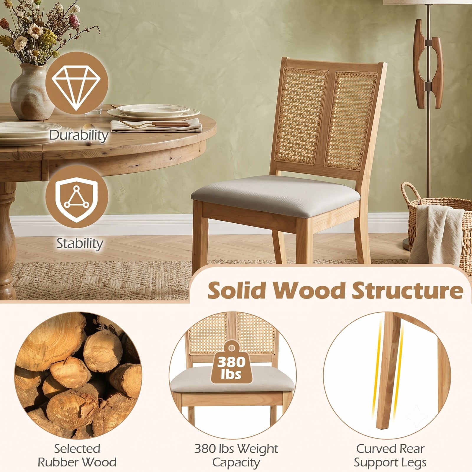 Furnibear Rattan Dining Chairs Set of 2, Upholstered Kitchen Chairs with Curved Backrest, Woven PVC Rattan Back and Padded Fabric Seat for Dining Room, Rubber, Natural