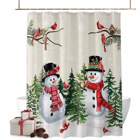 Christmas Winter Bathroom Shower Curtain Snowman Pine Needle Cardinal Xmas Tree Waterproof Washable Shower Curtains for Bathtub Bath Decor with Grommets and Hook 72 X 84 Inch