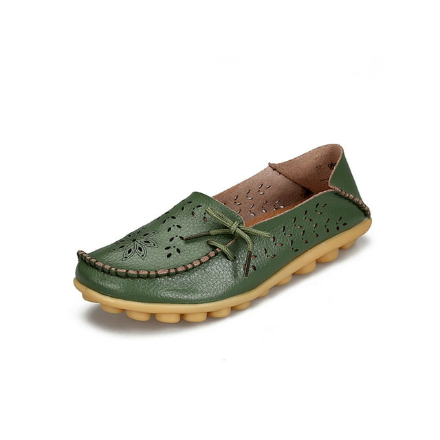 UKAP Mocassins Décontractés en Cuir pour Femmes, Bout Rond, Chaussures Bateau, à Enfiler, Vert Armée 5.5