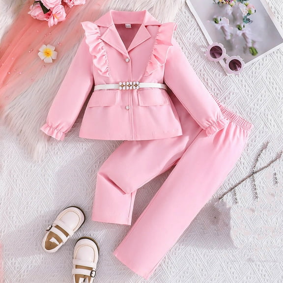 Thetops Toddler Girls 2-3T Pink Two-Piece Outfit Set - Ruffle Sleeves Blazer Top with Elastic Waist Pants, Comfortable Polyester