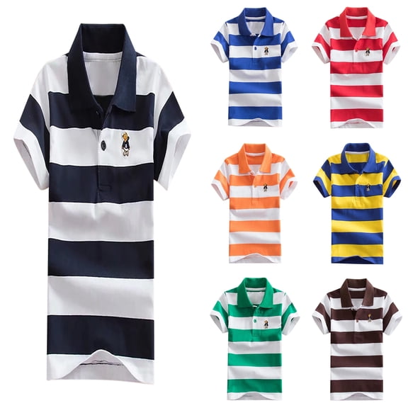 Kids Boys Girls Striped Polo Shirt, Short Sleeve Button Casual Top,Soft Cotton School Uniform Preppy Shirt,Summer Tee for Boys Girls,3-14 Years