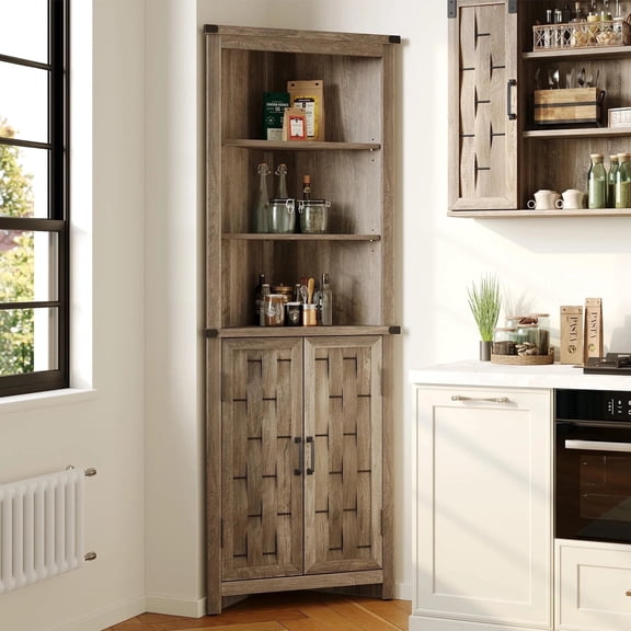 Narrow Farmhouse Storage Cabinet with Door and Adjustable Shelves for Corner Light Brown