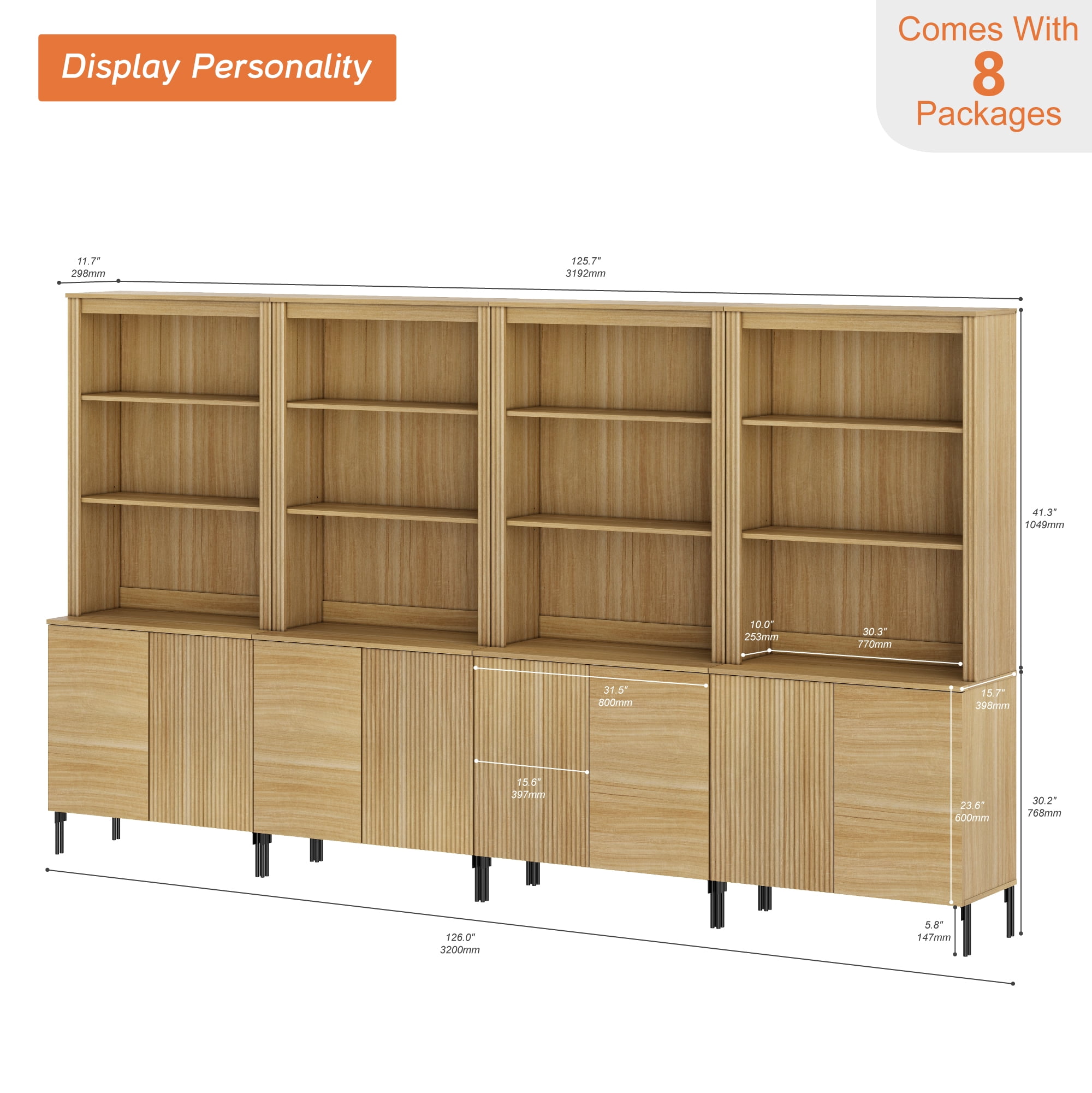 3-In-1 71" Tall Arched Kitchen Pantry Cabinet, Wood Bookcase Display Cabinet With Doors And Adjustable Shelves, Mid-Century Modern Versatile Cupboard For Dining Room, Bedroom