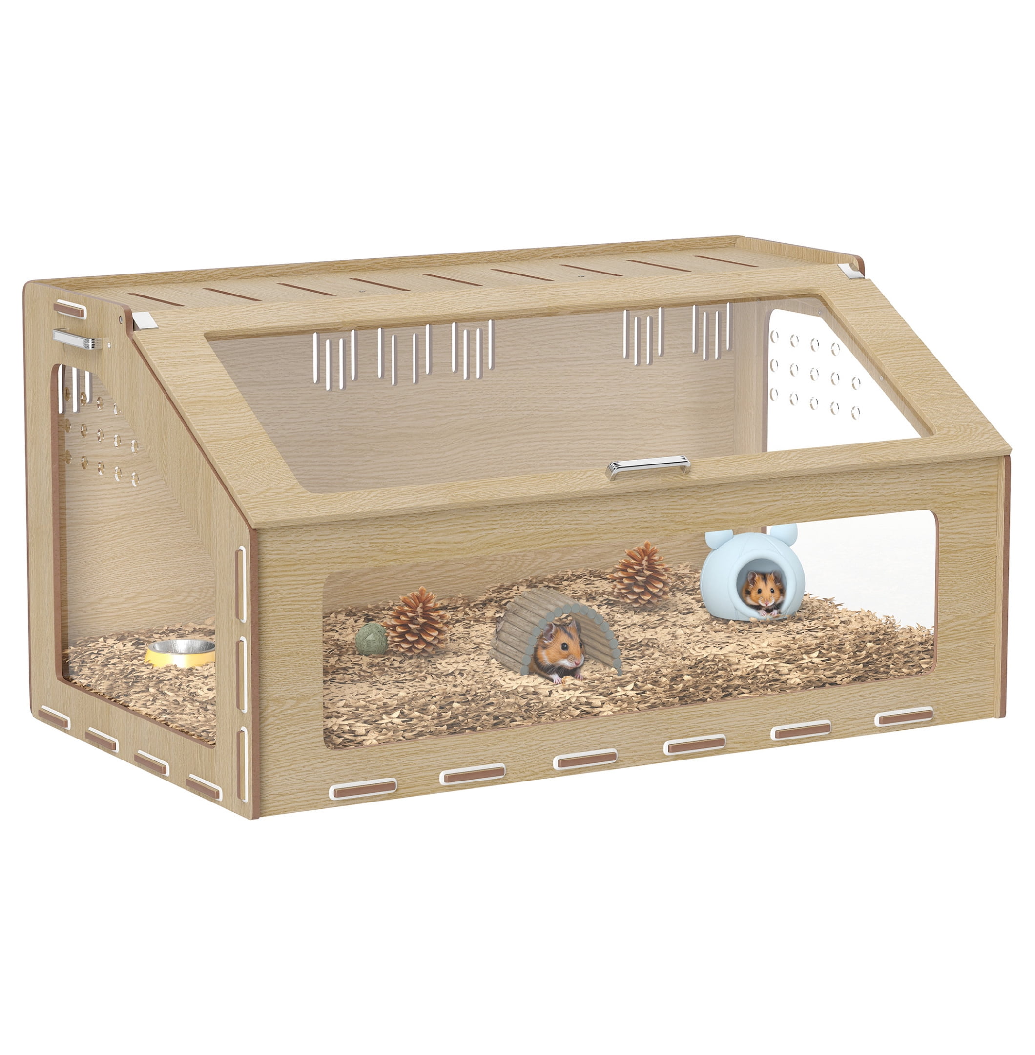 39" Hamster Cage Habitat, Oak - Dwarf Hamster, Gerbil, Guinea Pig, Rat Cage with Acrylic Windows & Openable Top