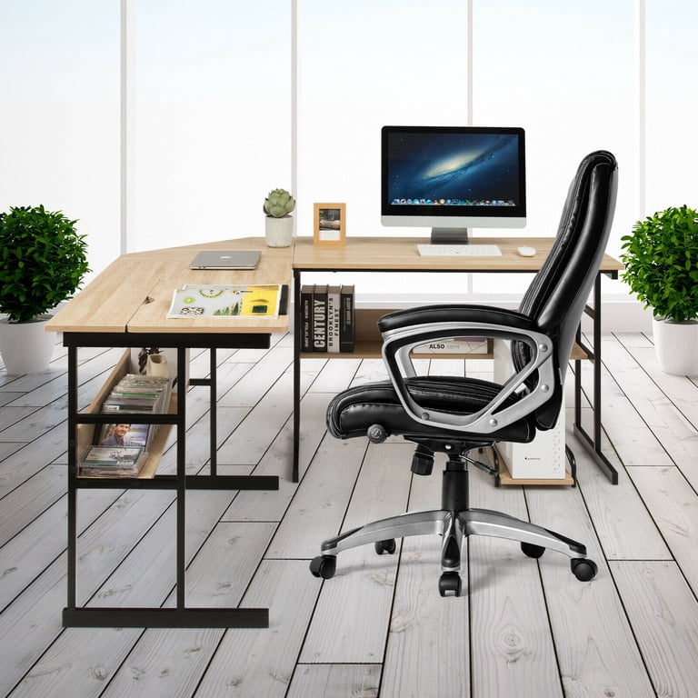 Gymax L-Shaped Wooden Corner Desk with Storage, Drafting Table