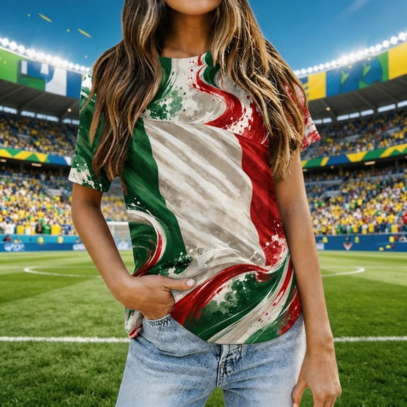 KDFJPTH Women's Shirts Summer Tops Printed Short Sleeve Loose Round Neck Football Fan Casual Sports Party Daily Wear Plus Size Tees Pink L