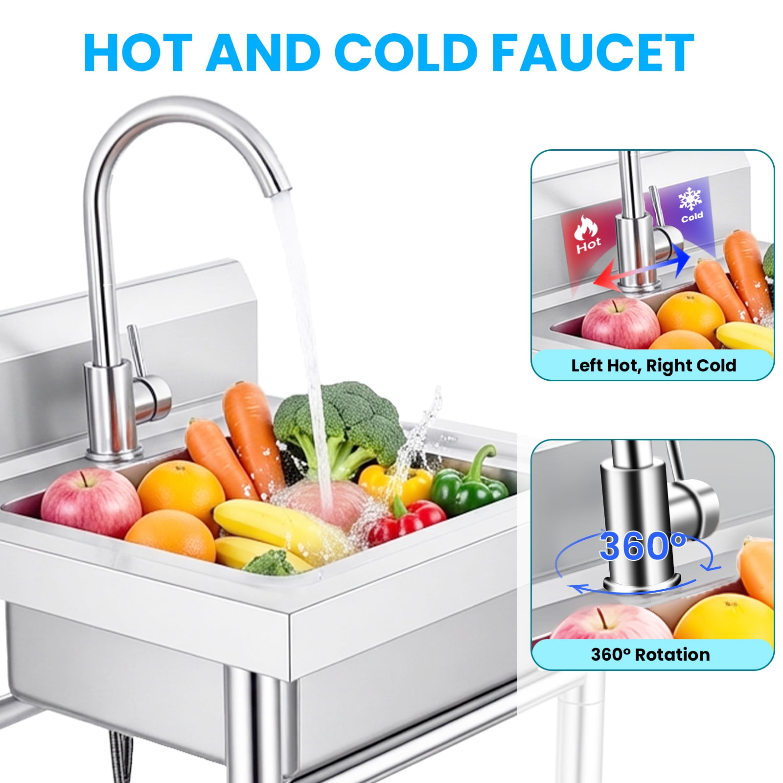 Utility Sink with Cold & Hot Water Faucet,Indoor and Outdoor Sink,Single Bowl Sink Basin for Home Garage & Laundry Room