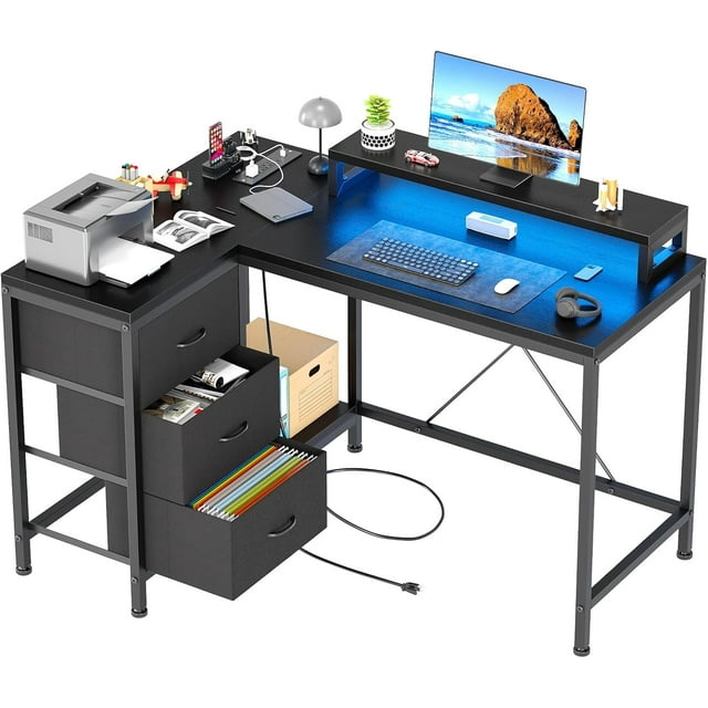 L Shaped Computer Desk with Power Outlets LED Lights Drawers Shelves Corner Gaming Desk Home Office Workstation Modern Ergonomic Design,Black