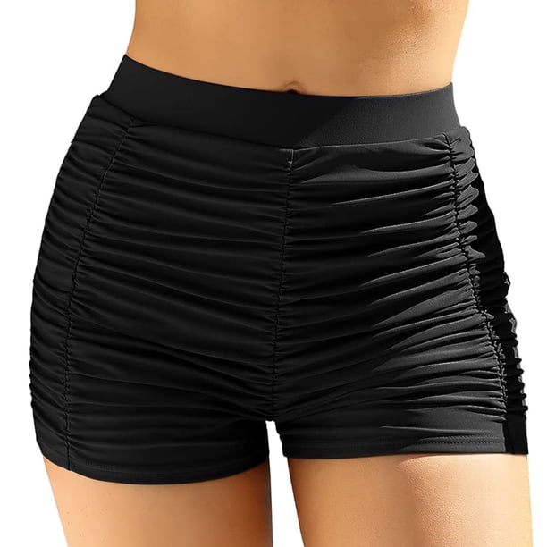 Prolriy - Bañador corto para mujer, talla grande, cintura alta, tipo slip de playa, fruncido, corte alto, cobertura completa, para yoga, deportivo, color negro, talla XL