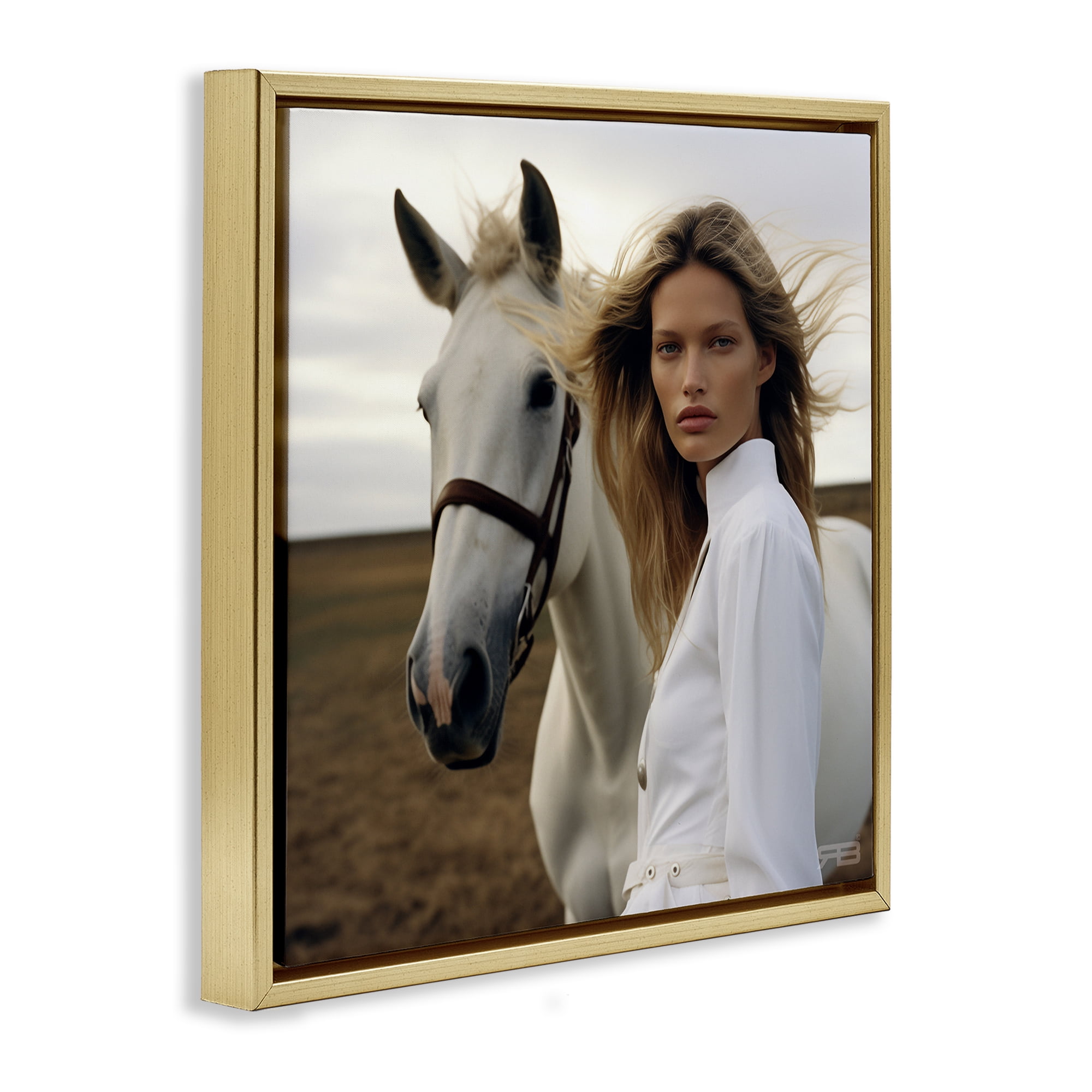 Stupell Industries Girl in White with Horse People Painting Gold Floater Framed Canvas Art Print Wall Art, 18 x 18
