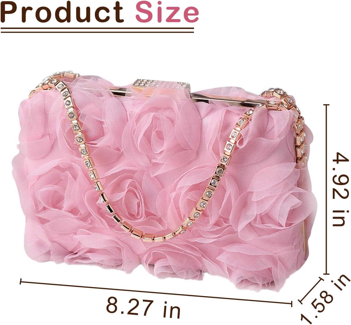 Women Rose Clutch, Evening Bag with Chain, Floral Purse for 