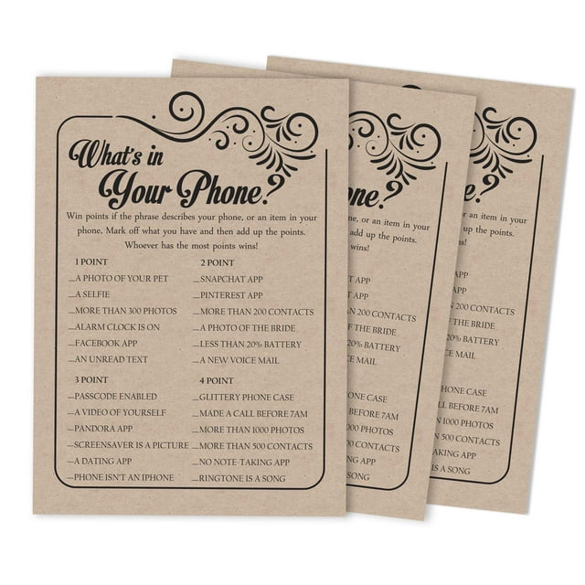Inkdotpot Bridal ShowerGameWedding Shower Bachelorette Party Bulk ActivityGameCards 50-PackFill In Style KraftWhats On Your Phone