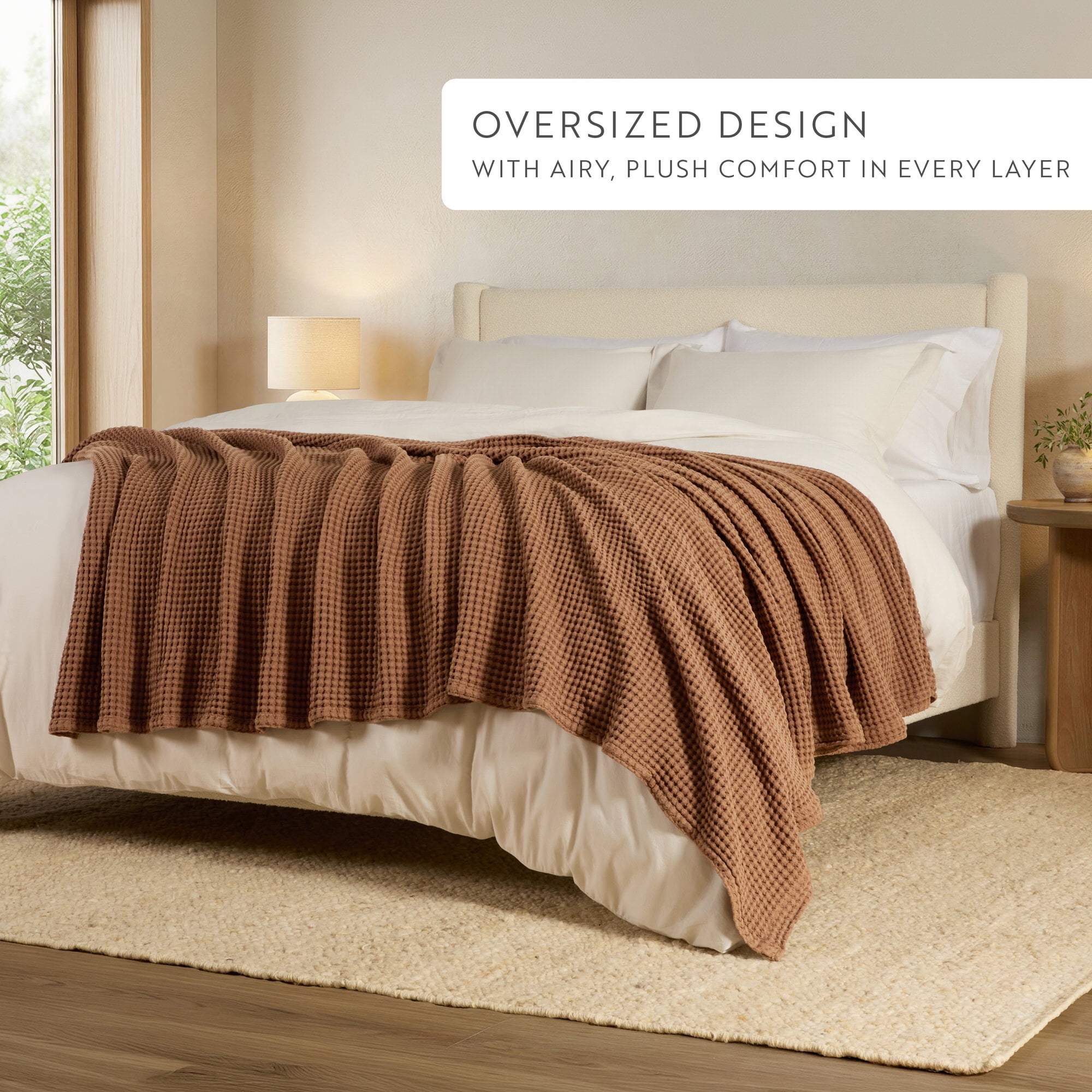 Noble Linens 100% Cotton Waffle Texture Bed Blanket, Mocha, Full/Queen