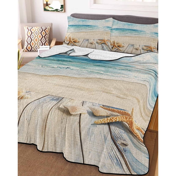 Beach Coastal Twin Size Down Alternative Comforter, Lightweight Comforter Quilt Bedding Set with Pillow Shams Watercolor Ocean Waves Starfish Summer All Seasons Bed Comforter Duvet Insert 68"x86"