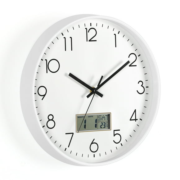 Reloj de Pared de 12", Esfera Grande con Pantalla LCD para Calendario Permanente, Blanco