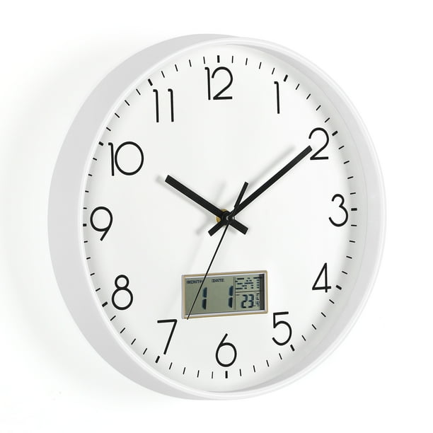 Reloj de Pared de 12", Esfera Grande con Pantalla LCD para Calendario Permanente, Blanco