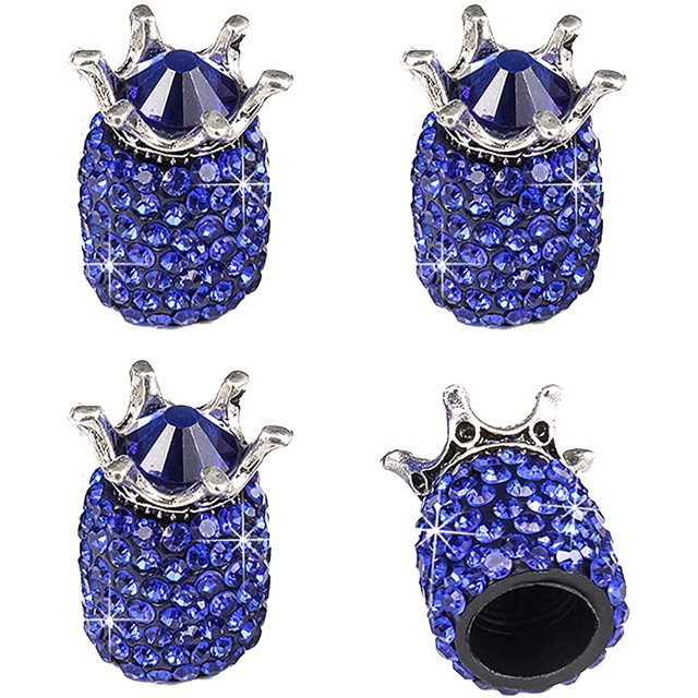 Car Wheel Tire Valve, 4 Pack Handmade Crown Crystal Rhinestone Car Stem Air Caps Cover, Attractive Dustproof Bling Car Accessories, Universal for Most Vehicles-Crown, Dark Blue
